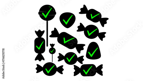 Set of candy icons with check marks vector illustration in black and green perfect for healthy food concept or approval design