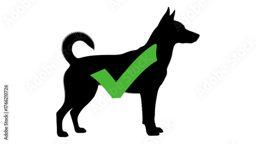 Dog silhouette with green check mark vector illustration for pet adoption isolated on white background