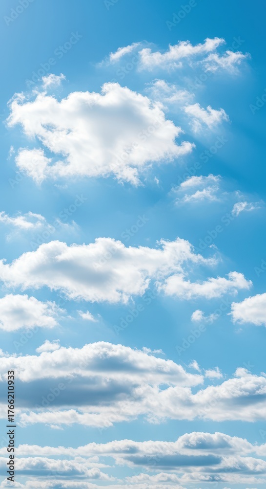 Naklejka premium Vast bright blue summer sky background filled with soft white cumulus clouds gently moving with a light breeze on a perfect sunny day ,daytime ,cloud ,breezy