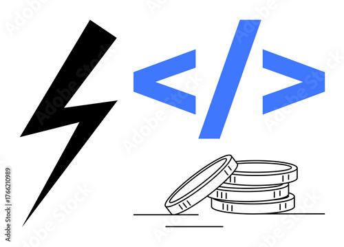 Black lightning bolt, blue coding brackets, and stacked coins emphasize energy, programming, and finance concepts. Ideal for technology, innovation, economics, startups web development renewable