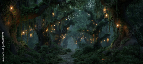 Enchanted forest path with glowing lanterns offers a magical escape into nature's beauty and inspiring fantasy landscapes
