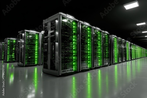 Wallpaper Mural A futuristic data center powered by green energy with a row of servers glowing in a server room. Torontodigital.ca