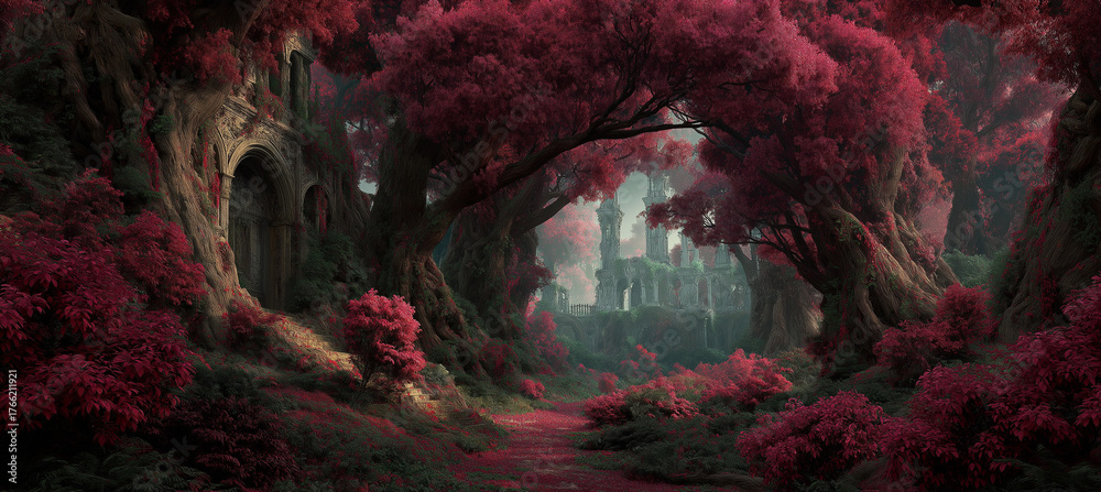 Fototapeta premium Enchanting journey through crimson forest to ancient castle ruins, perfect for fantasy art, book covers and magical landscapes
