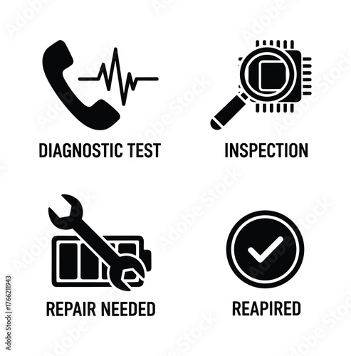 Diagnostic test inspection repair needed and repaired icons set
