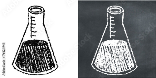 Chalk hand-drawn flask bottle vector. Great for science, chemistry, and lab experiment themes. This graphic symbolizes testing and research with a unique, sketchy aesthetic.