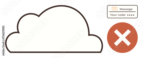 Cloud outline, error cross icon, and security code notification represent denied access to digital cloud storage. Ideal for security, cloud computing, data protection, error, technology, access