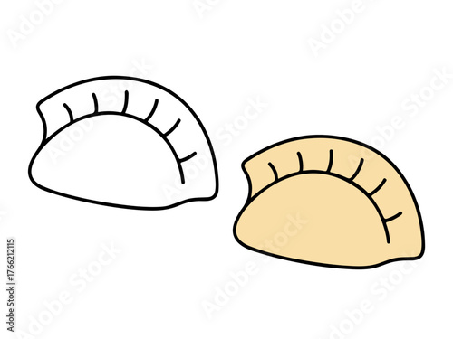 Half-moon dumpling with folded edge, shown in outline and colored versions, perfect for food, cooking, or Asian cuisine-themed coloring pages.