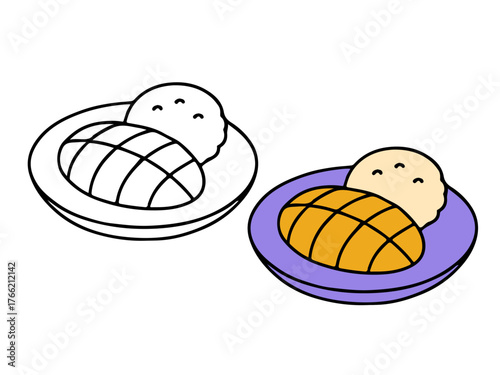 Cute bread roll with a scoop of butter on a plate, shown in outline and colored versions, perfect for food, bakery, or breakfast-themed coloring pages.