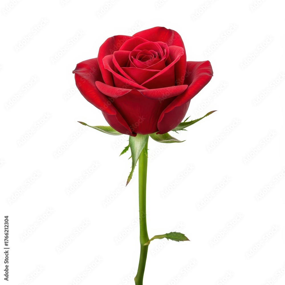 Fototapeta premium A vibrant single red rose with rich velvet petals and a green stem, perfectly isolated against a clean, pure white background for separation ,scarlet ,pure ,background