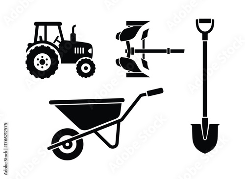 Farming Equipment Icons Set Tractor Plow Wheelbarrow Shovel Agriculture Tools Vector