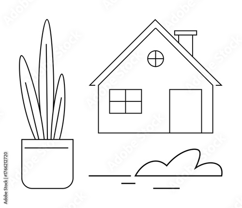 House with gabled roof, round window, potted plant, and bush in clean black line art. Ideal for real estate, architecture, gardening, interior design, minimalism eco-living home decor concepts