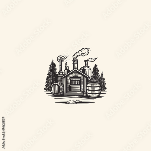 Vintage hand-drawn illustration of an old distillery or factory building nestled in a forest with pine trees, barrels, and smoke billowing from the chimneys