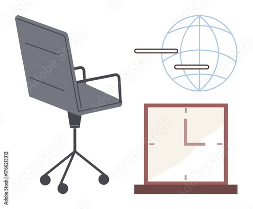 Grey office chair, analog clock, and globe lines suggest organization, work-life balance, digital connectivity. Ideal for business, remote work, productivity, scheduling teamwork workflow