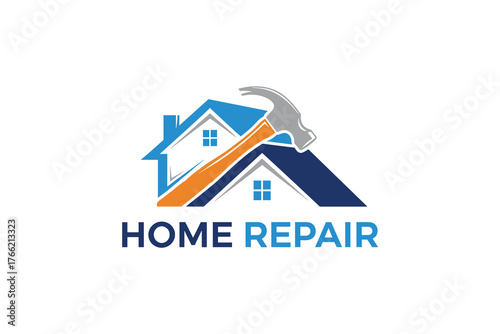 Home Repair and Improvement Services Logo with House and Hammer Graphic Design