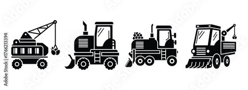Industrial heavy agriculture machinery set special purpose transport equipment icon collection