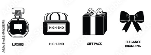 Luxury cosmetic and gift branding icons set, perfume, high end cream, gift pack, elegance bow