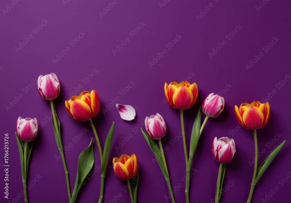 Fototapeta premium Vibrant spring blooms creating a colorful pattern against a deep violet backdrop. Ideal for seasonal design, texture, and abstract floral art ,texture ,abstract ,seasonal