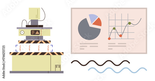 Industrial machine alongside a pie chart, line graph, and waveforms depicting production data. Ideal for manufacturing, technology, business analysis, engineering, process automation, innovation