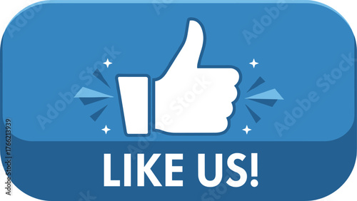 Social media like button, thumbs up icon, approval gesture, engagement symbol, blue UI element, digital interaction, sparkles, vector illustration