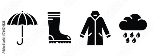 Rainy weather clothing and conditions umbrella boots raincoat rain cloud icons