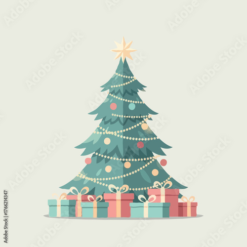 Festive Christmas Tree Adorned with Lights and Surrounded by Wrapped Presents, Celebrating Holiday Cheer and Gift-Giving Traditions