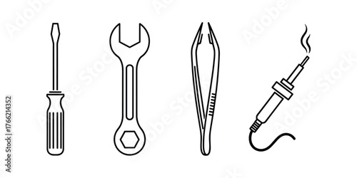 Repair tools screwdriver wrench tweezers soldering iron outline icons