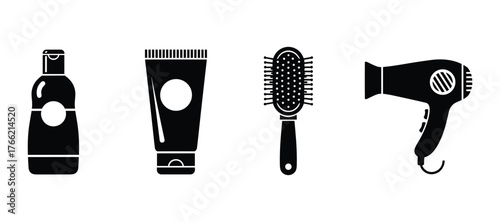 Set of hair care tools and products including shampoo conditioner brush and hair dryer