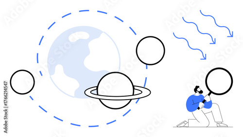 Man using magnifying glass to study planets and planetary rings near Earth illustration. Ideal for education, astronomy, discovery, learning, space research, exploration, curiosity. Minimalist simple