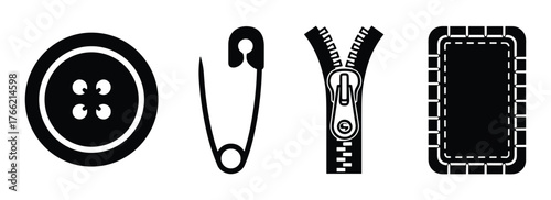 Sewing Accessories Icons Set, Button Safety Pin Zipper Patch Black Symbols