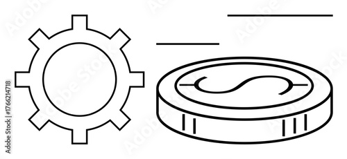 Gear and coin emphasize collaboration and financial processes, highlighting cost-effectiveness, efficiency, and value generation. Ideal for technology, economy, investment, strategy, innovation