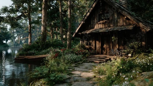 Serene Wooden Cabin by Tranquil Lake Surrounded by Nature