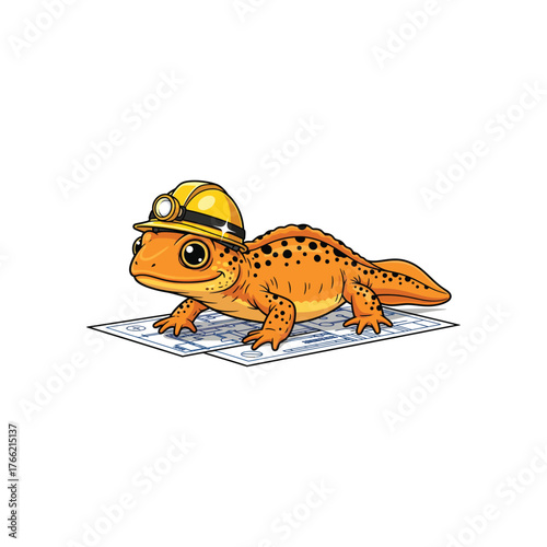 Cartoon Newt with Hard Hat Inspecting Blueprints.