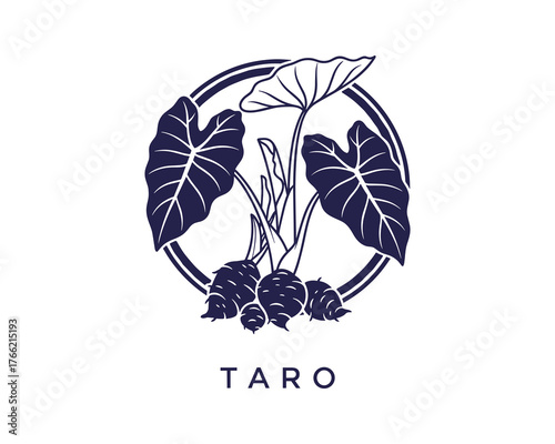 Taro plant logo design with leaves and tubers in a circular frame