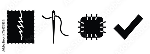 Torn fabric needle and thread patch and checkmark icons vector illustration set