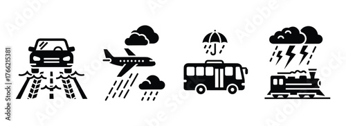 Various Modes of Transportation in Bad Weather Conditions Icon Set