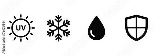 Weather Protection Icons Sun UV Freeze Snowflake Water Drop Shield Symbol Set