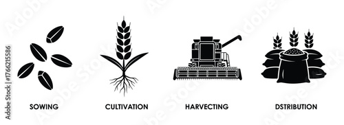 Wheat Production Process Icons Sowing Cultivation Harvesting Distribution