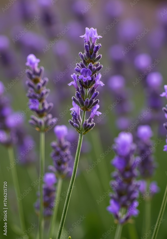 Obraz premium A detailed macro photograph capturing the delicate purple spikes of blooming lavender flowers in a sunny garden setting, emphasizing aroma ,wellness ,relaxation ,garden