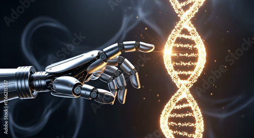 A futuristic robotic hand reaches out to a glowing DNA strand, symbolizing genetic engineering, biotechnology, artificial intelligence in science, and the future of human-machine interaction and biolo