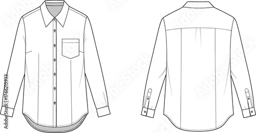 Long sleeve formal shirt front and back technical fashion design template with pocket and button detail, cad drawing flat vector illustration
