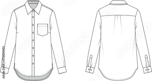 Classic formal long sleeve shirt front and back technical fashion template design for apparel industry, cad drawing flat vector illustration