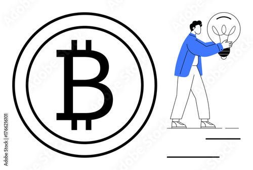 Man with lightbulb symbolizing ideas walking toward large Bitcoin logo. Ideal for cryptocurrency, blockchain technology, fintech, innovation, finance, investment, creativity themes. Simple flat
