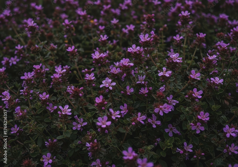 Fototapeta premium Tiny vibrant purple wildflowers clustered together in a dense patch, highlighting the beauty and tenacity of invasive garden plants ,wild ,flower ,macro