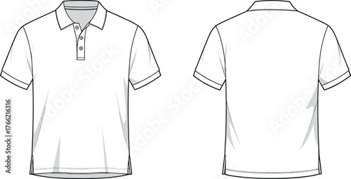 Classic polo shirt front and back technical fashion flat sketch for apparel design and production, cad drawing flat vector illustration
