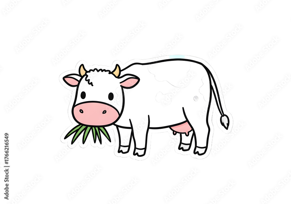 Obraz premium Cute Cartoon Cow Eating Grass Sticker png clear alpha channel cutout isolated on transparent background