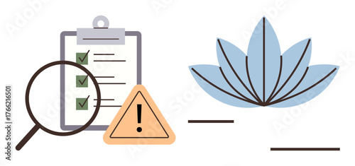 Magnifying glass over checklist with warning sign beside blue lotus flower. Ideal for risk analysis, mindfulness, safety protocols, task prioritization, quality control, health awareness, and balance