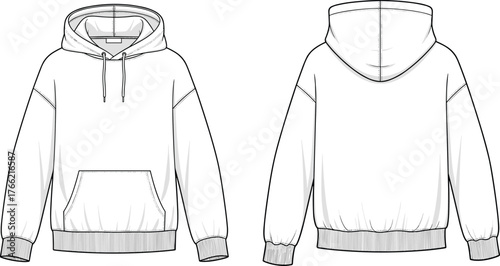 Oversized hoodie sweatshirt front and back fashion technical sketch with drawstring hood pocket and ribbed hem, cad drawing flat vector illustration