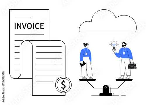 Large invoice with dollar coin, two professionals on balance scale sharing idea, cloud above. Ideal for teamwork, idea sharing, finance, innovation, business management, cloud solutions simple flat