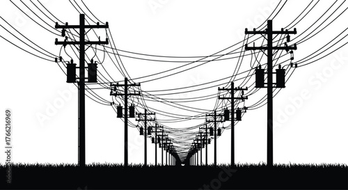 Electric power line poles with multiple cables along the road in perspective view, energy infrastructure design, cad drawing flat vector illustration