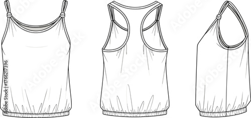 Women casual sleeveless tank top design, front back side view, fashion apparel template, stylish clothing outline, cad drawing flat vector illustration